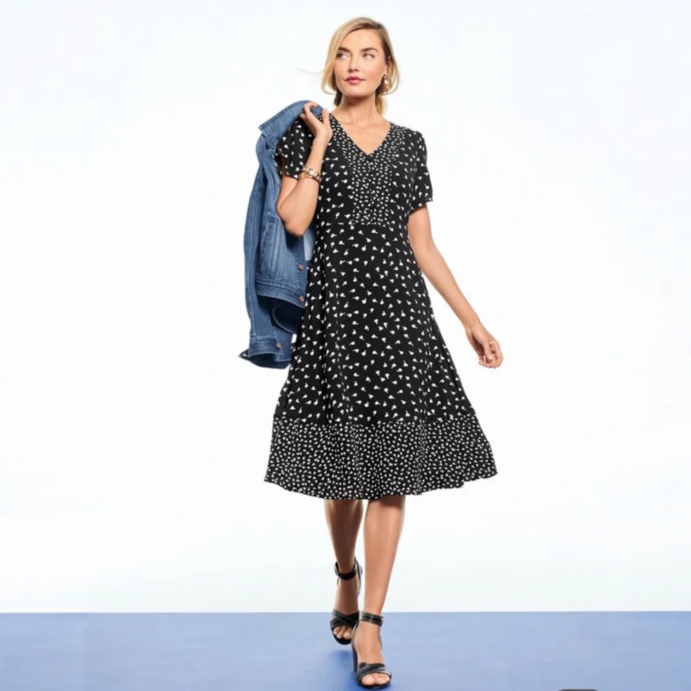 Talbots Womens 12 Flutter Sleeve Midi Dress Black White Dot Pockets Lined A-Line - Picture 13 of 13